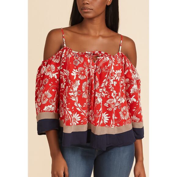 Double Zero blouse top flowy cold shoulder red/blue Hawaiian SZ SM 100% cotton - Picture 1 of 8